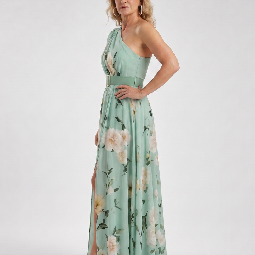 Dahina | Floral Print One Shoulder Belted Maxi Dress