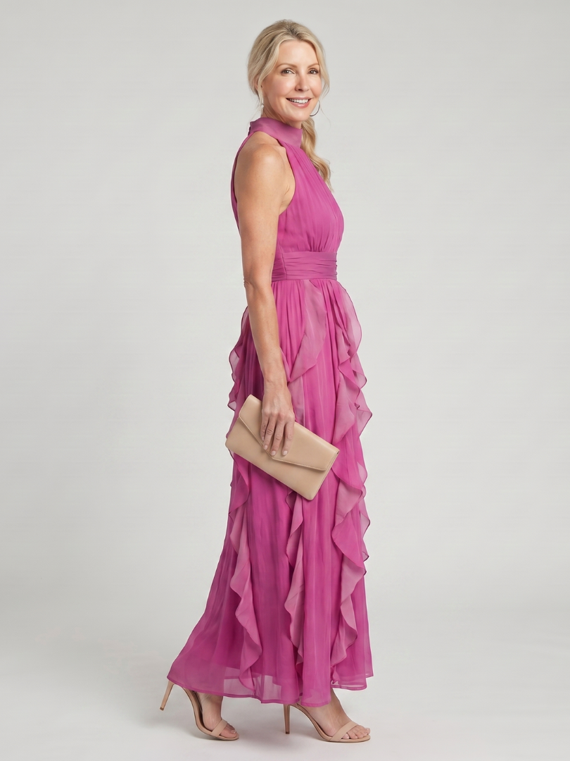 Saffrose | High Neck Gathered Ruffle Layers Maxi Dress