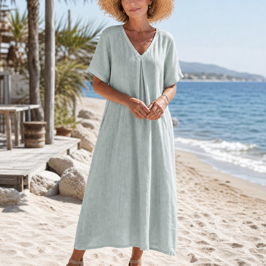 Faevia | Washed Cotton Blend V Neck Relaxed Midi Dress