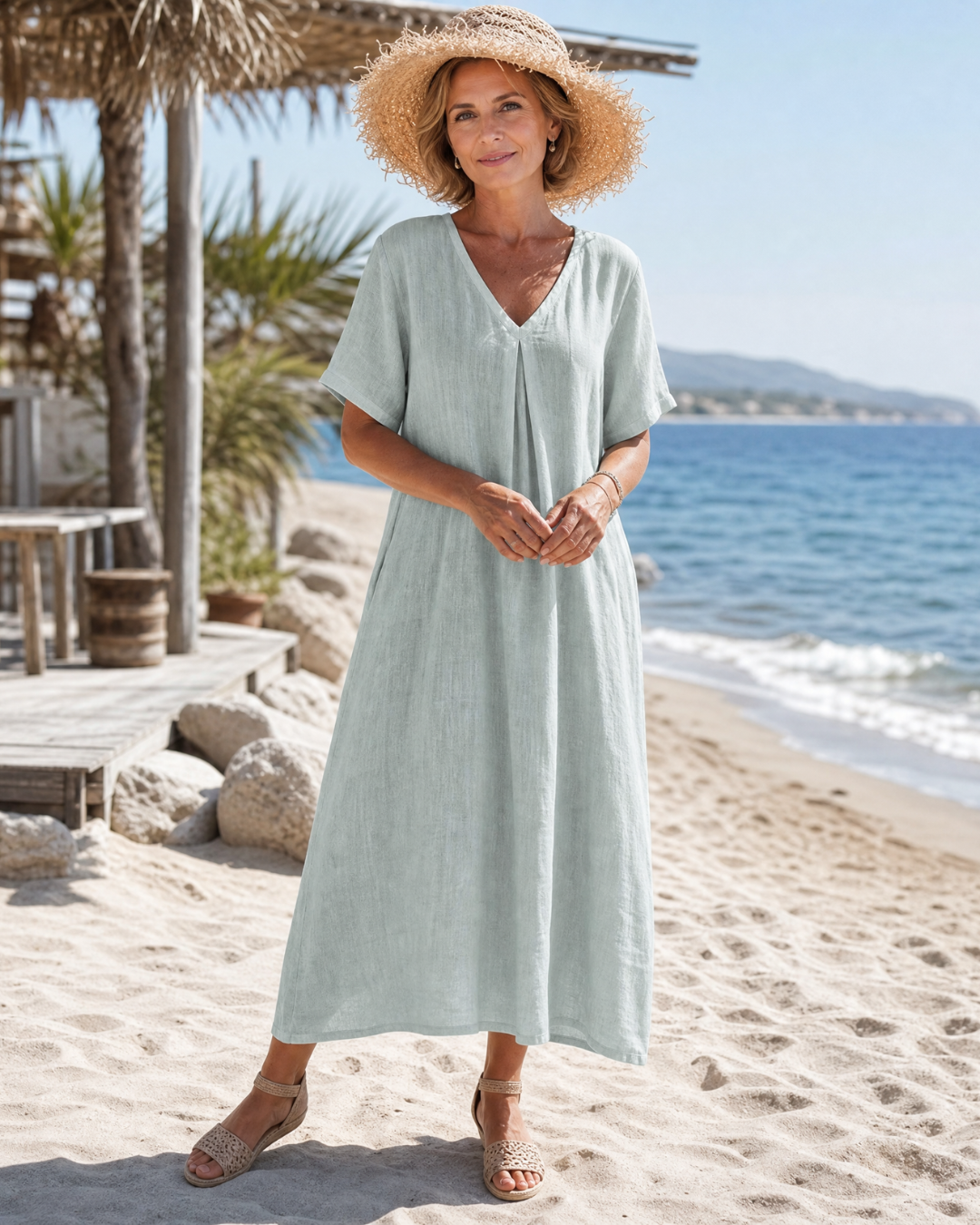 Faevia | Washed Cotton Blend V Neck Relaxed Midi Dress