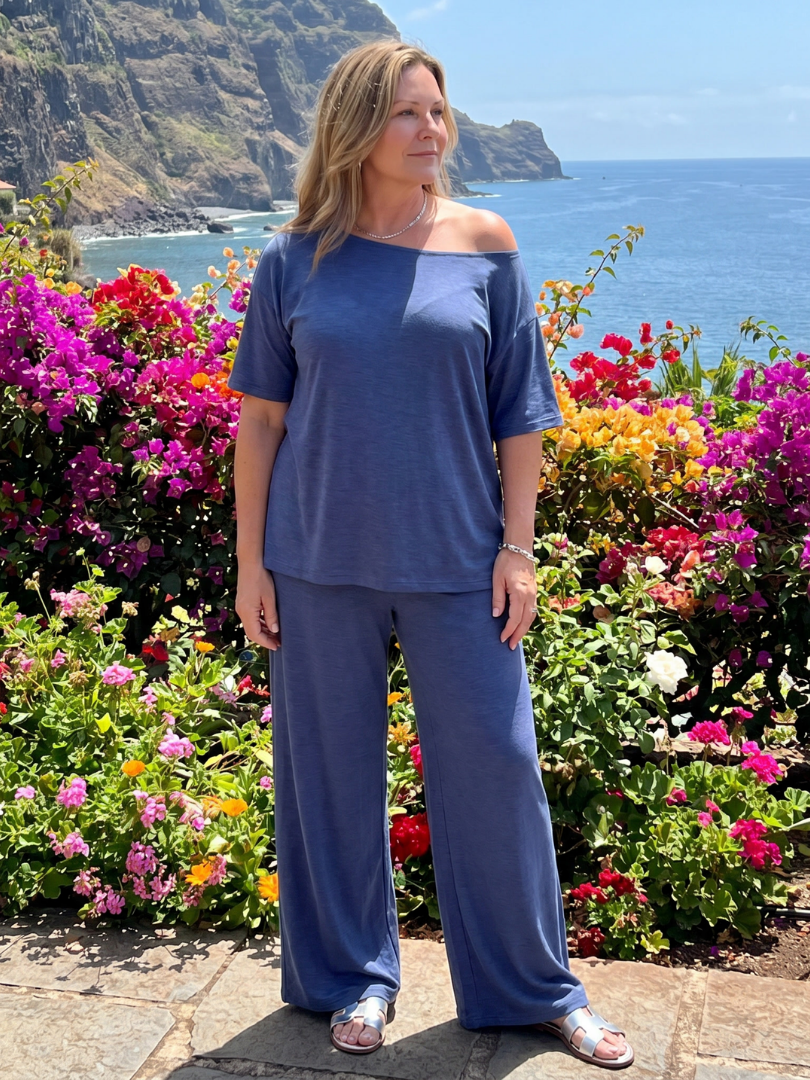 Elomae | Short Sleeve Off Shoulder Top And Wide Leg Pants Set