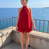 Marensia | High Neck Layered Chiffon Flared Hem Mini Dress