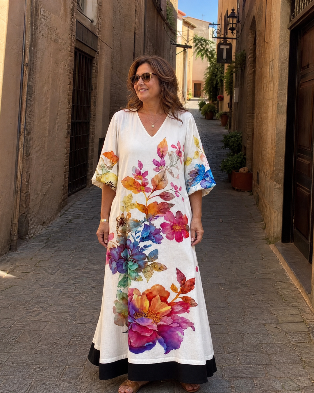 Callada | Watercolor Bloom Print Flowing Pocket Midi Dress