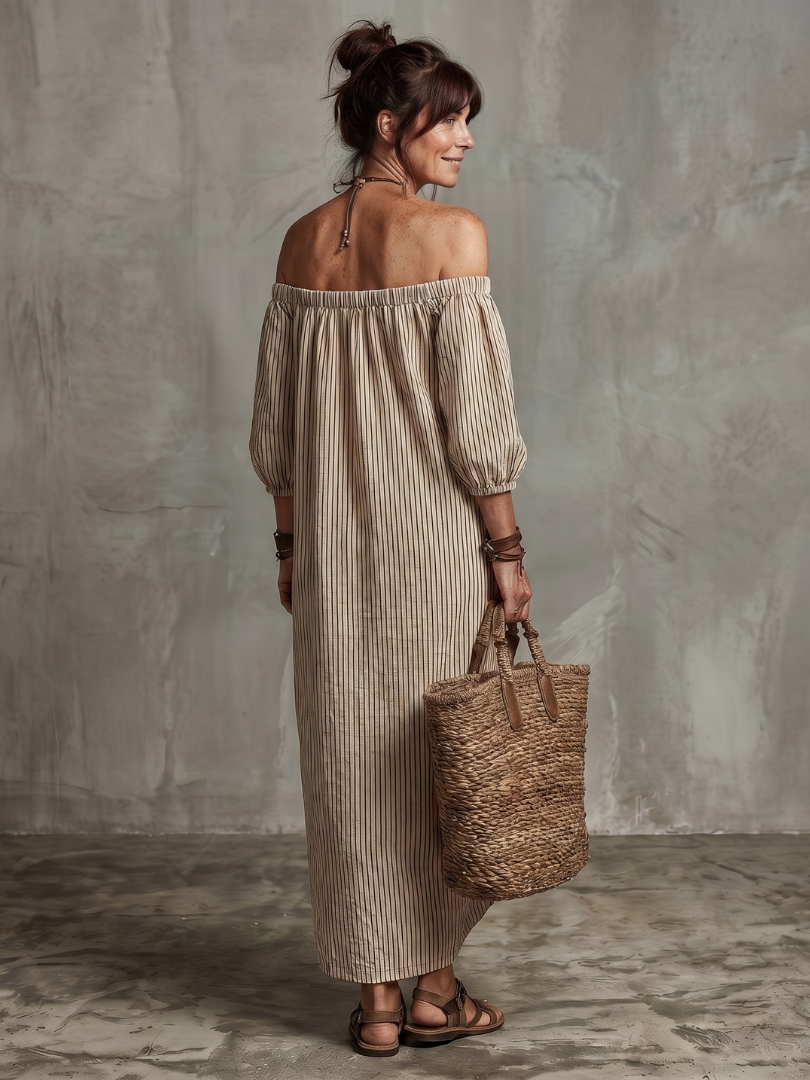 Dahda | Striped Pattern Off Shoulder Maxi Dress