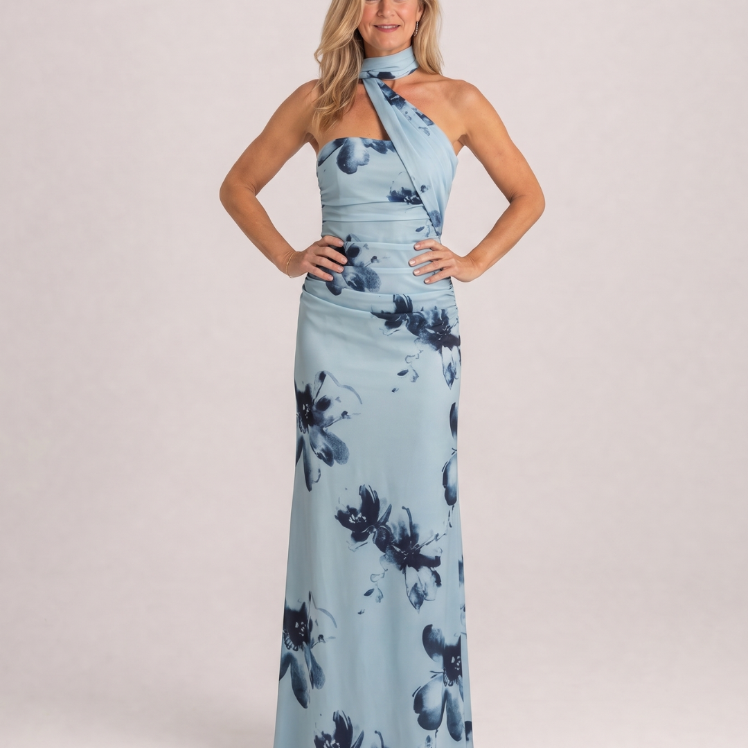 Veletta | Watercolor Floral One Shoulder Halter Maxi Dress