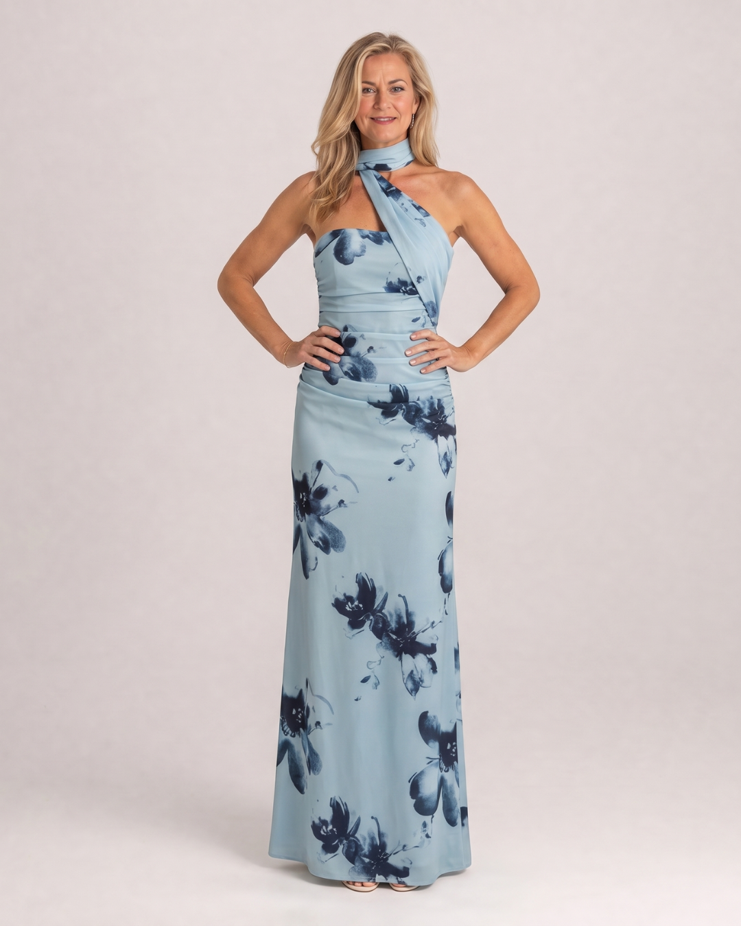Veletta | Watercolor Floral One Shoulder Halter Maxi Dress