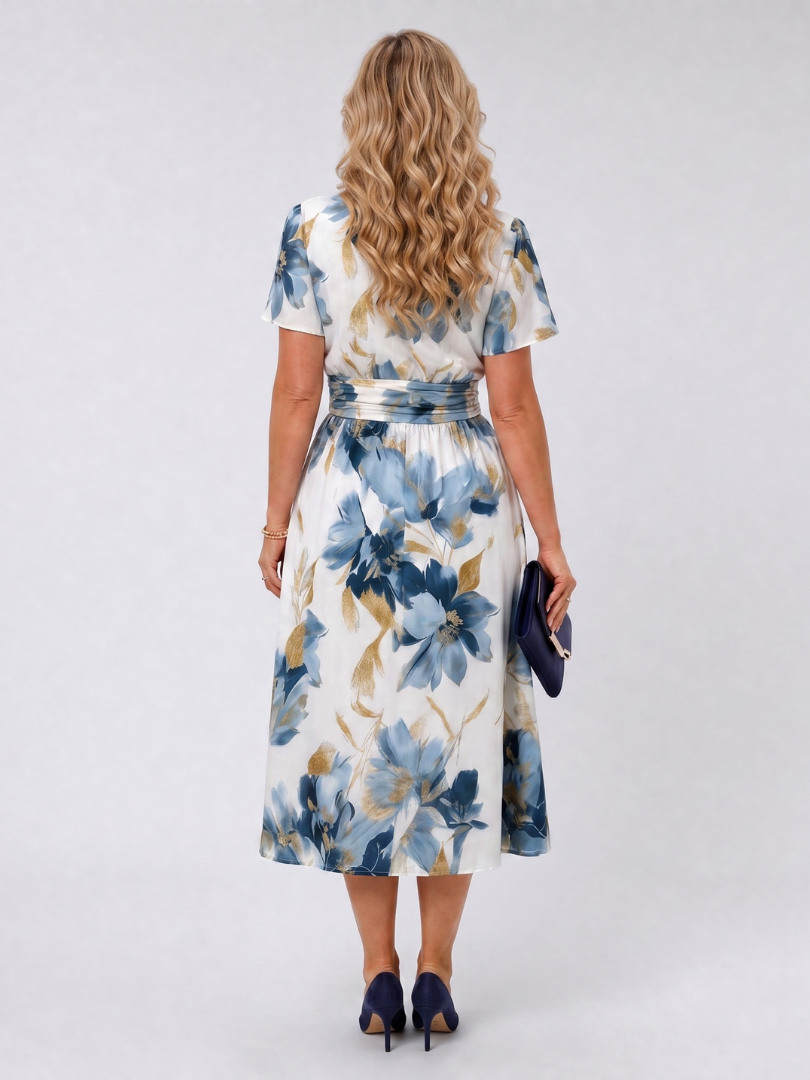 Corndra | Floral Print Short Sleeve Wrap Midi Dress
