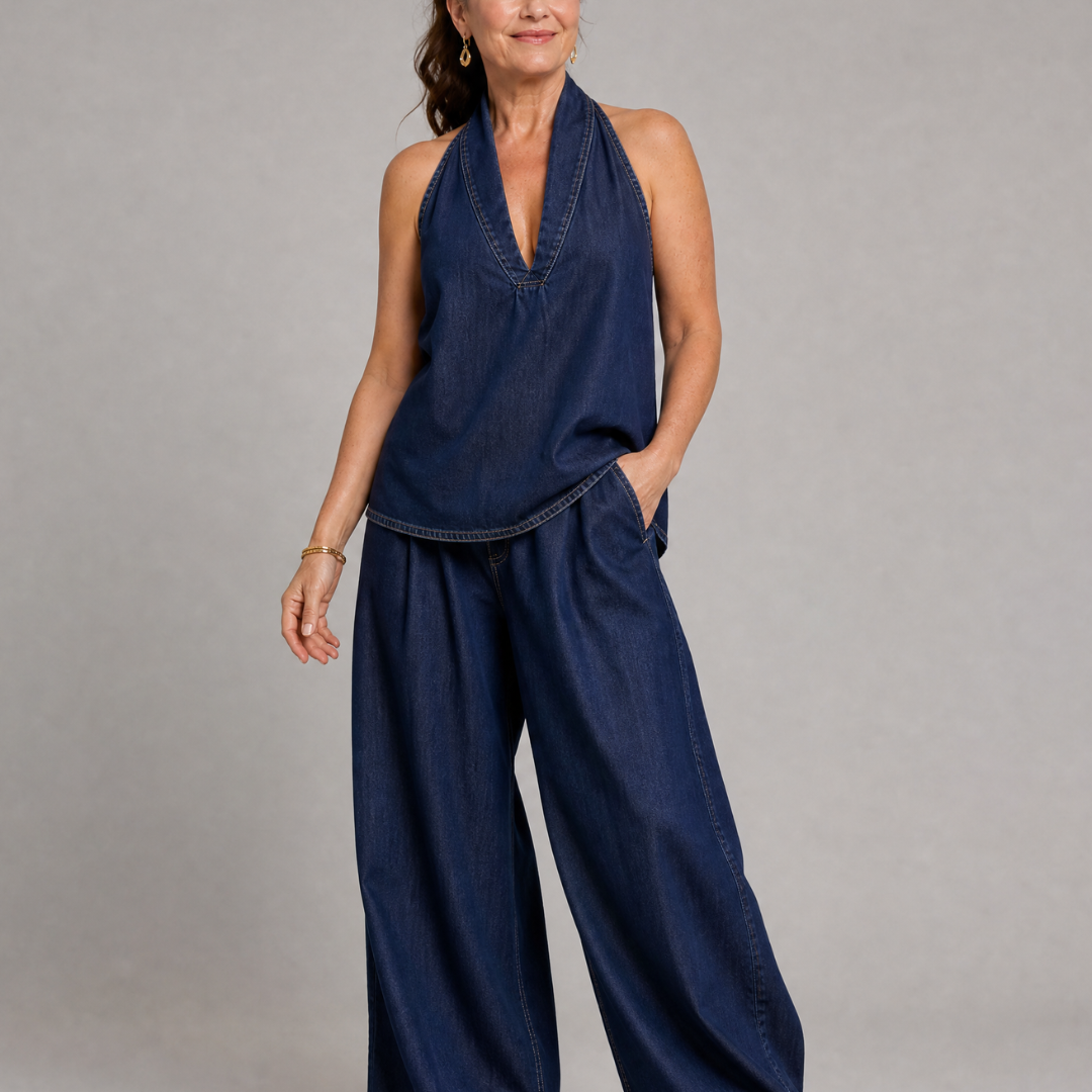 Tallyn | Halter Neck Denim Top And Wide Leg Pants Set