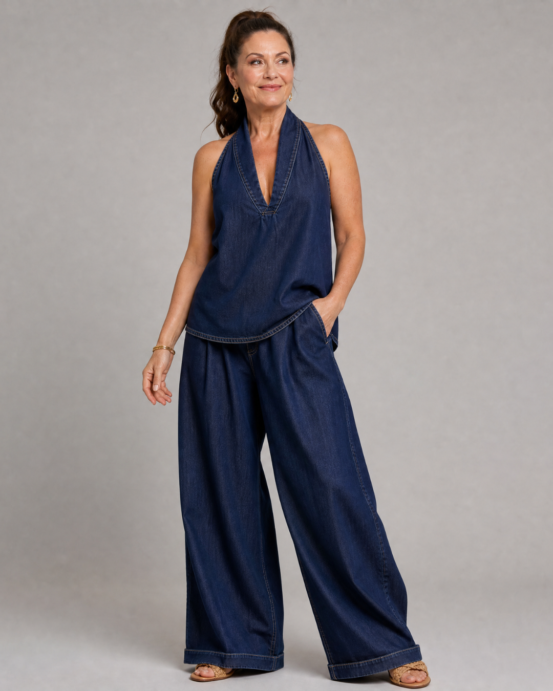 Tallyn | Halter Neck Denim Top And Wide Leg Pants Set