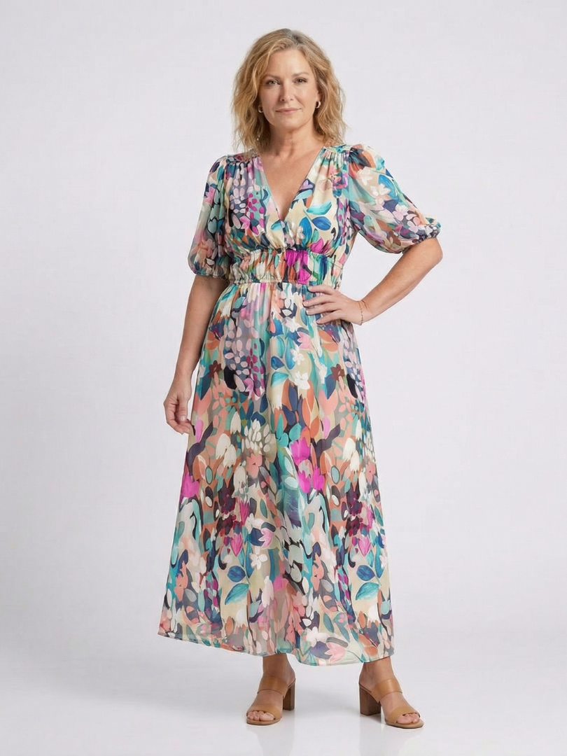 Wrennawen | V Neck Short Sleeve Gathered Waist Midi Dress