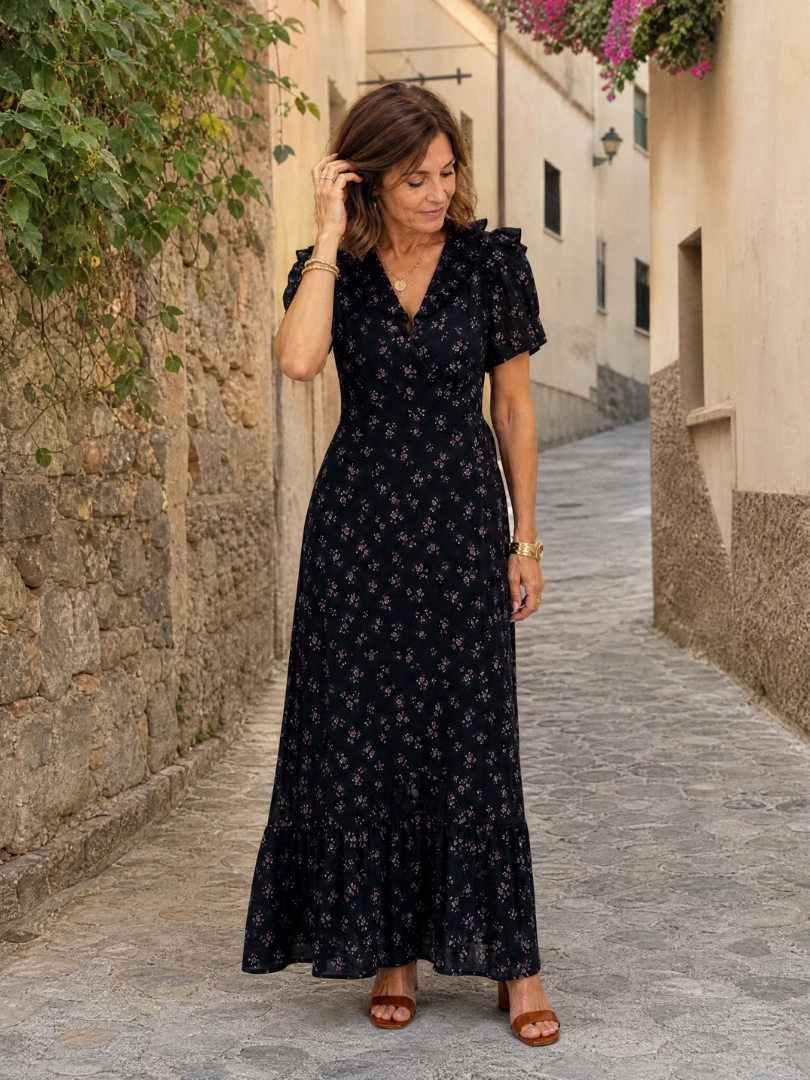 Laessa | Floral Puff Sleeve Ruffle Hem Midi Dress