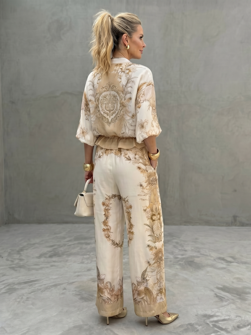 Clabelle | Zip Front Blouson Top Printed Two Piece Set