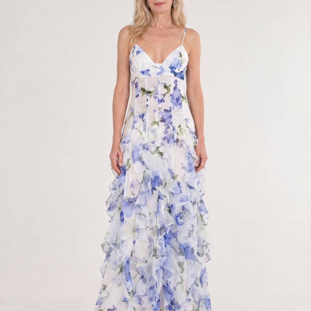 Marenetta | Watercolor Floral Ruffle Hem Sleeveless Midi Dress