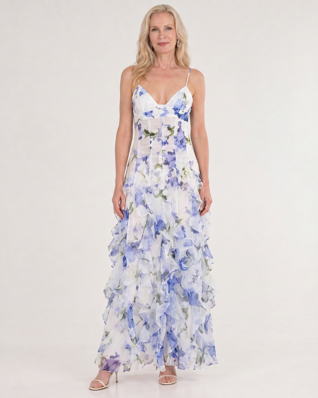 Marenetta | Watercolor Floral Ruffle Hem Sleeveless Midi Dress
