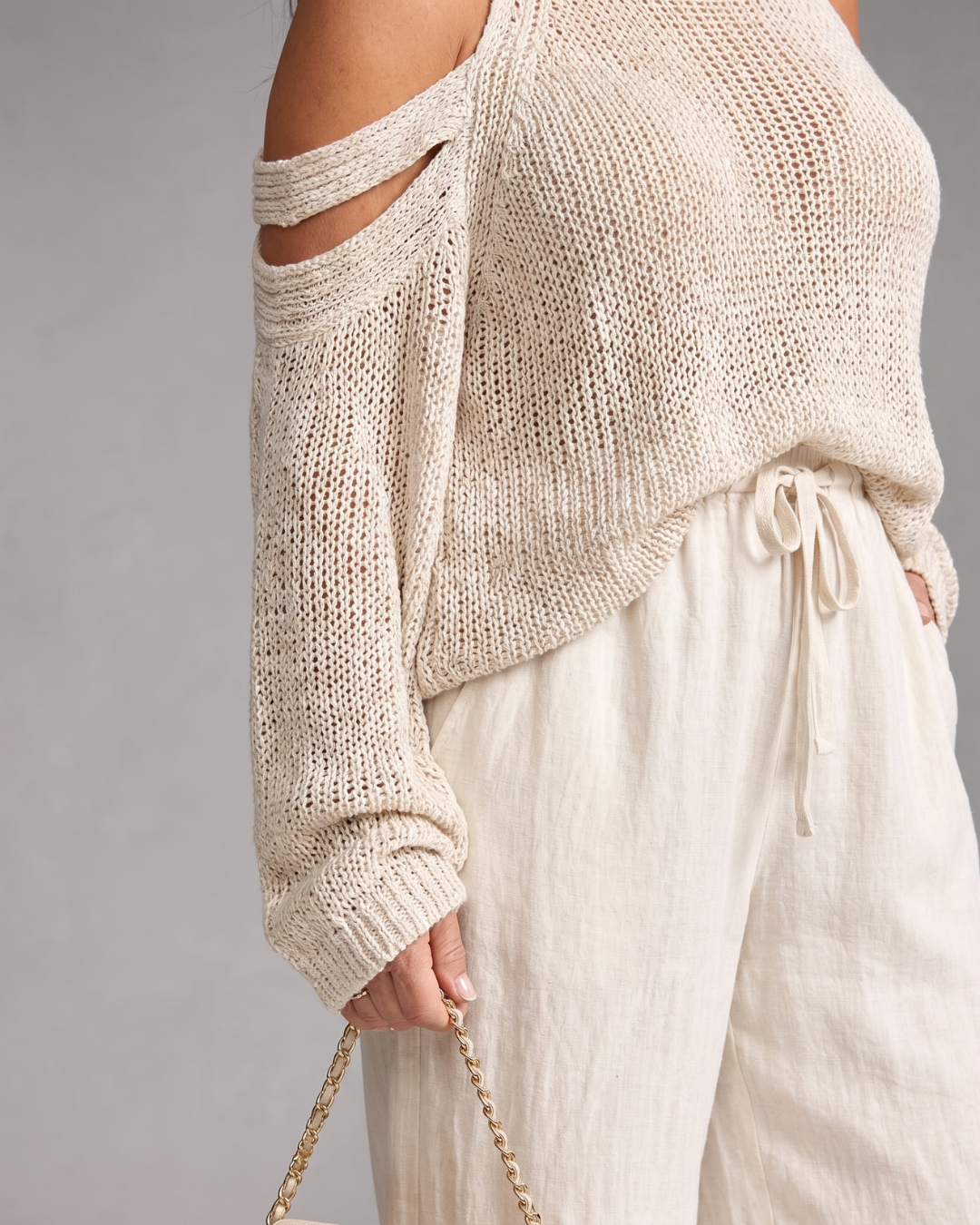 Perthea | Cold Shoulder Knit Sweater Wide Leg Pants Set
