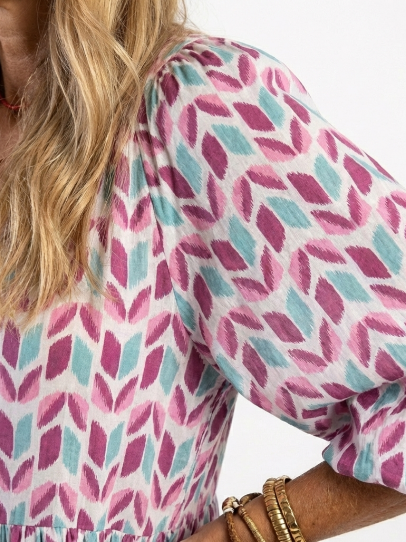 Corbeth | Geometric Print Long Sleeve Tiered Midi Dress