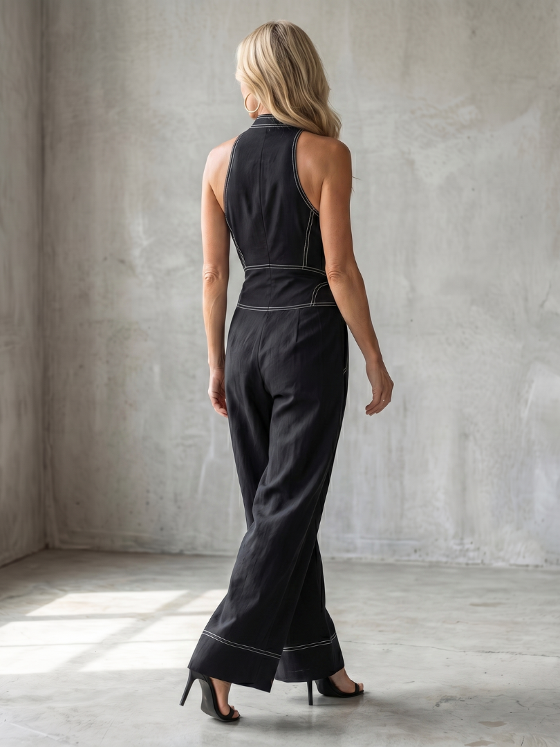 Maewyn | Zip Front Contrast Stitch Wide Leg Jumpsuit
