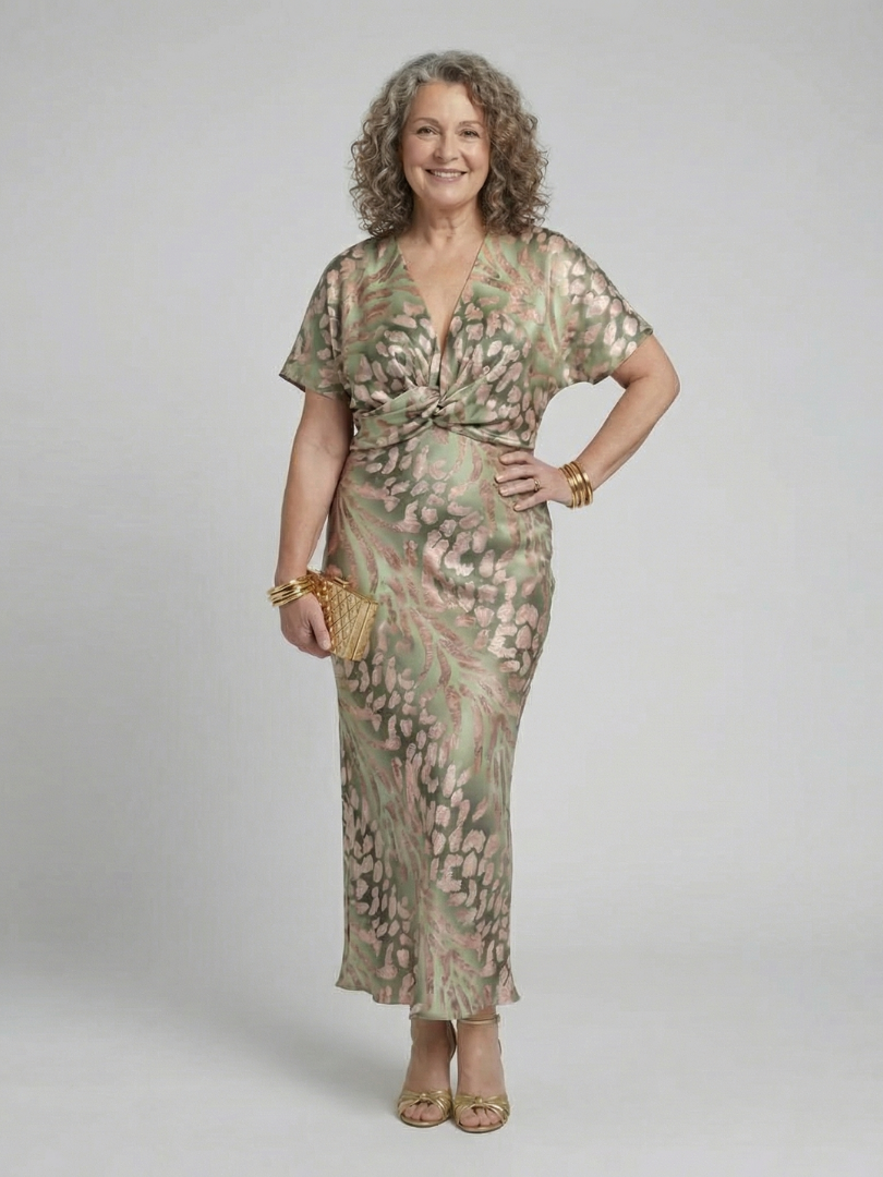 Mirrina | Abstract Print V Neck Twist Waist Midi Dress