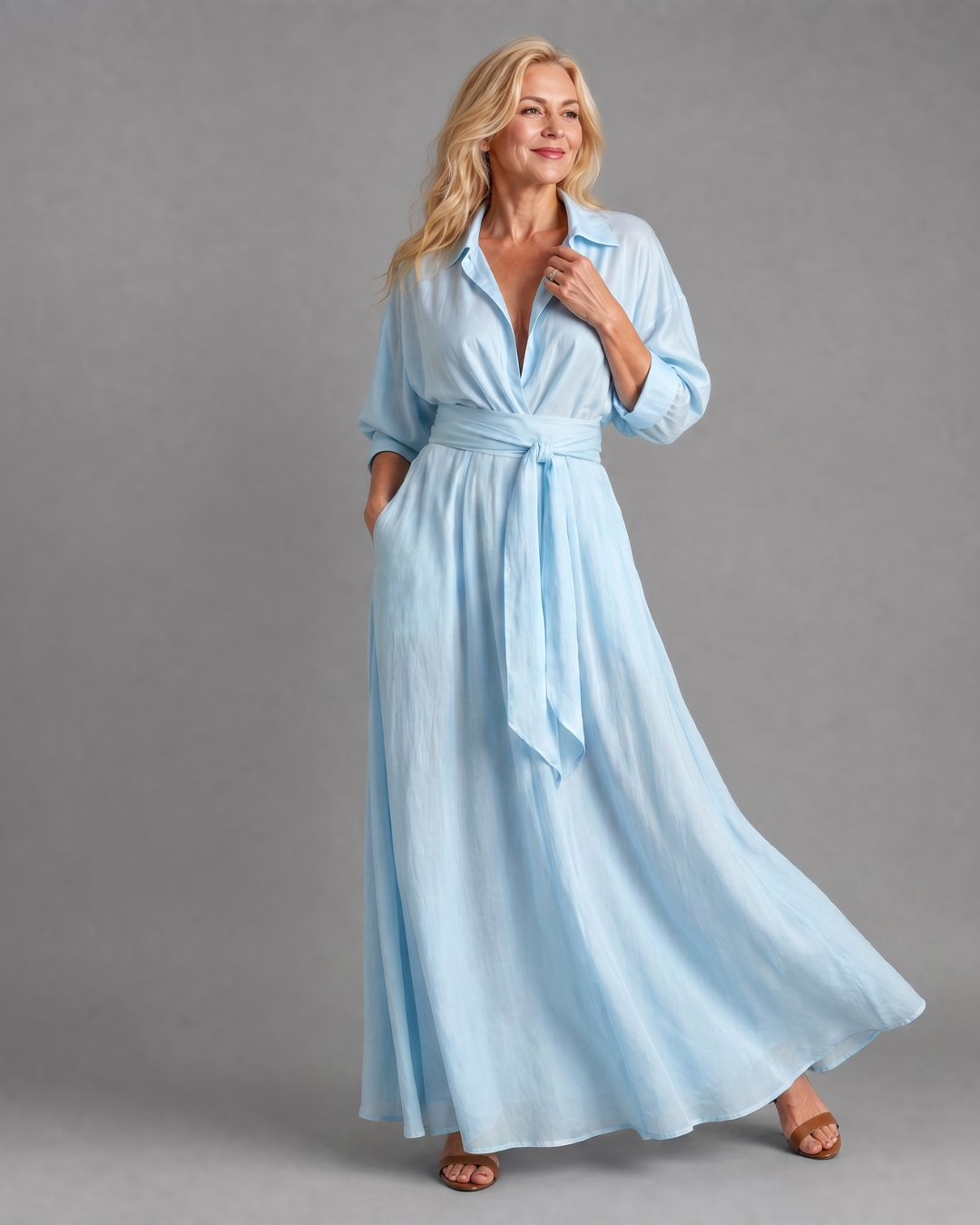 Lunlette | Belted Collared Flowing Long Sleeve Midi Dress