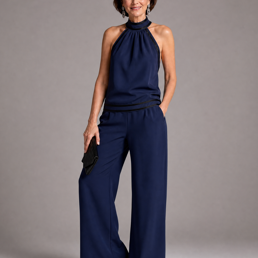 Elira | Contrast Trim Halter Neck Wide Leg Jumpsuit
