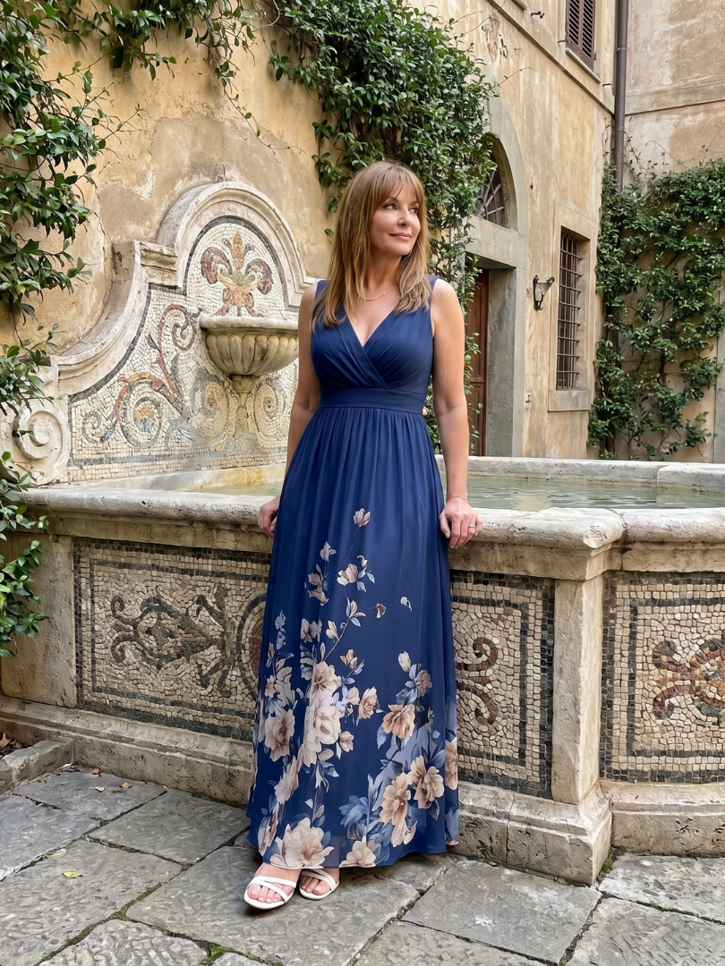 Laemarie | Sleeveless V Neck Soft Floral Hem Midi Dress