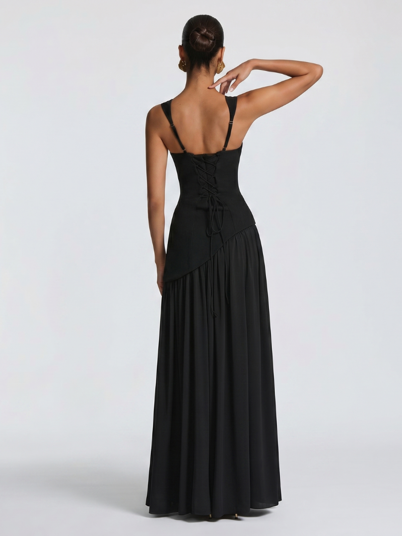 Fleurbelle | Cutout Neck Pleated Slit Maxi Dress