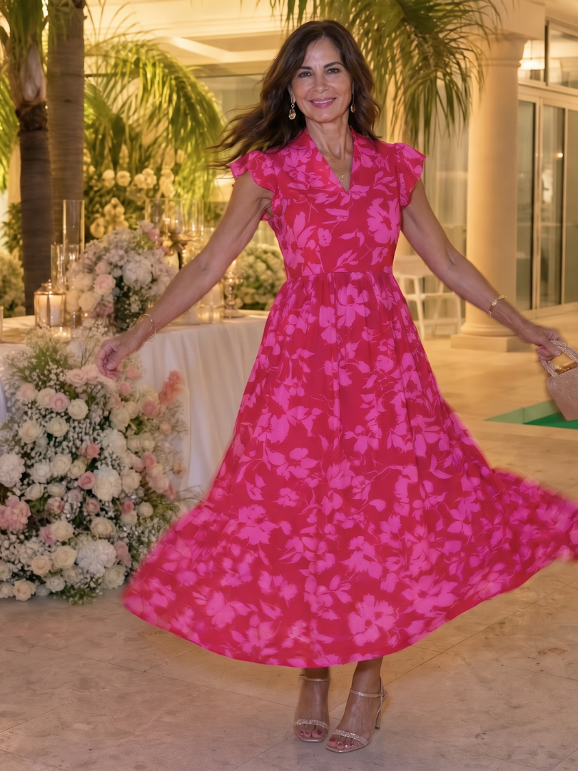 Norrina | Sleeveless V Neck Ruffle Trim Midi Dress