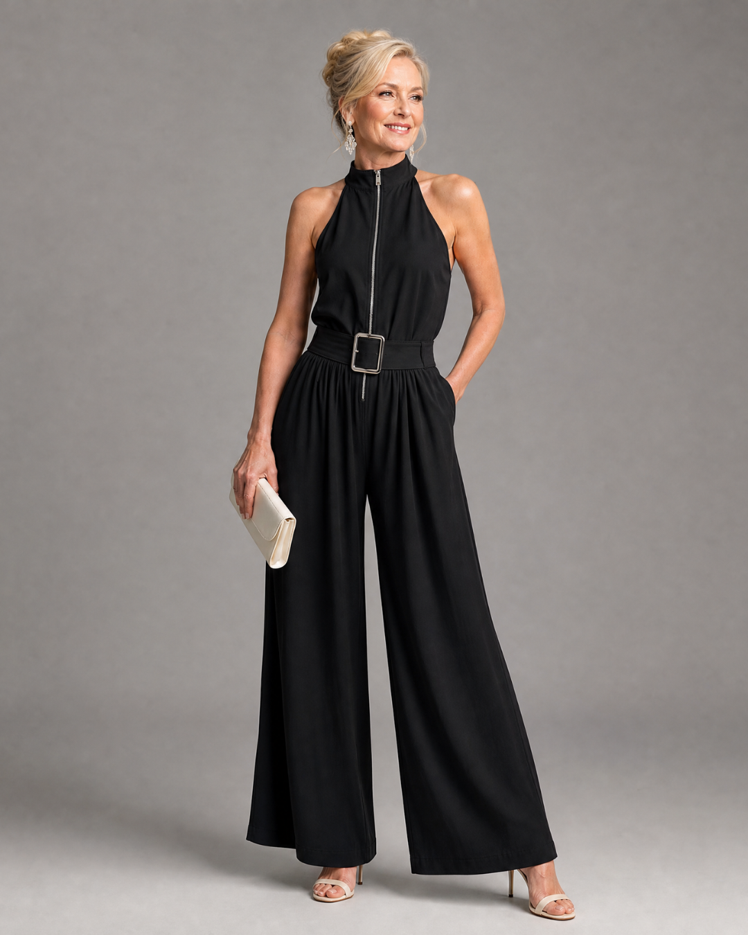 Frerina | Belted High Neck Wide Leg Sleeveless Jumpsuit