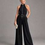 Frerina | Belted High Neck Wide Leg Sleeveless Jumpsuit