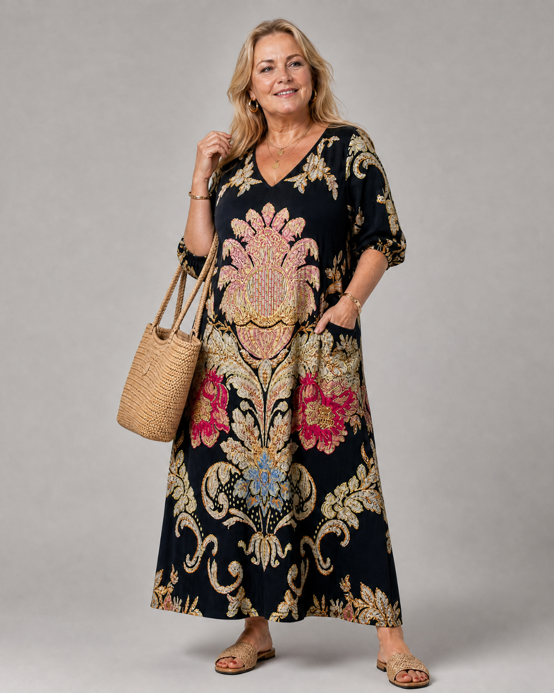 Calwen | Ornate Vintage Print Three Quarter Sleeve Midi Dress