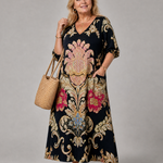 Calwen | Ornate Vintage Print Three Quarter Sleeve Midi Dress