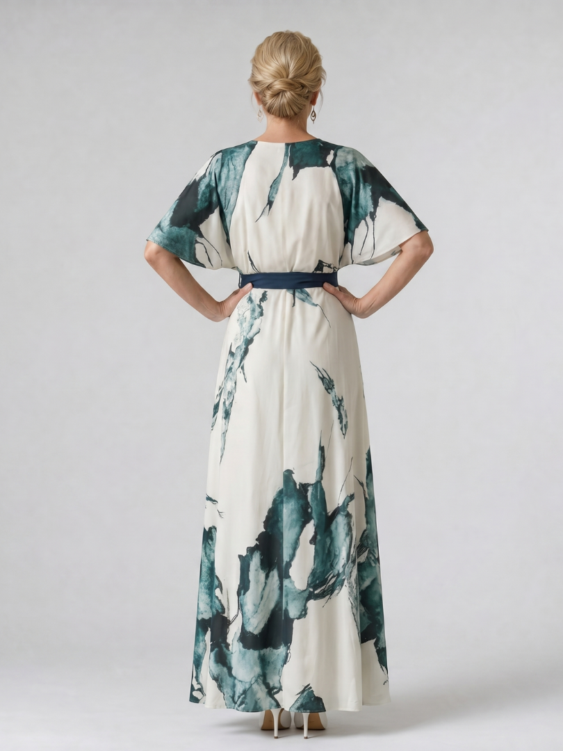 Verenarose | Abstract Belted Flutter Sleeve Maxi Dress