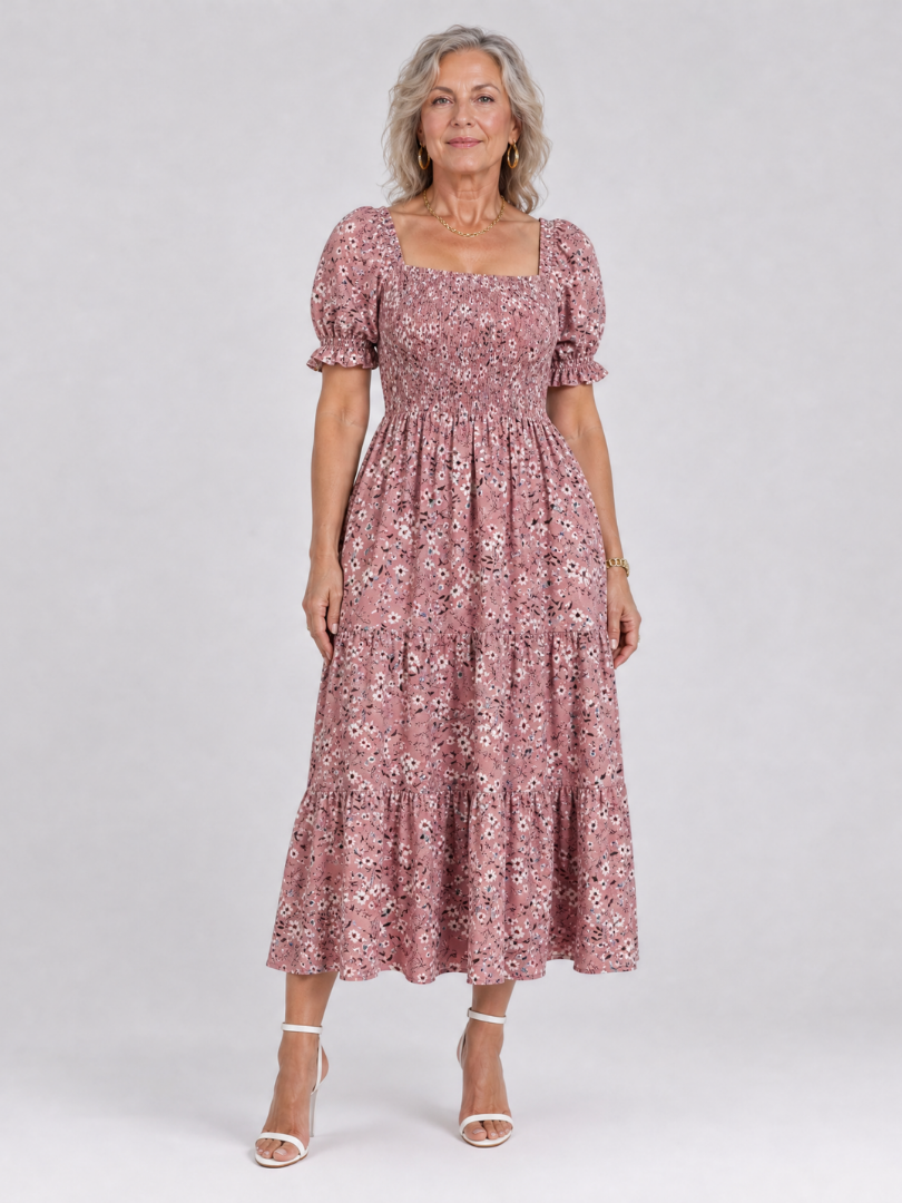 Serrina | Floral Smocked Square Neck Midi Dress