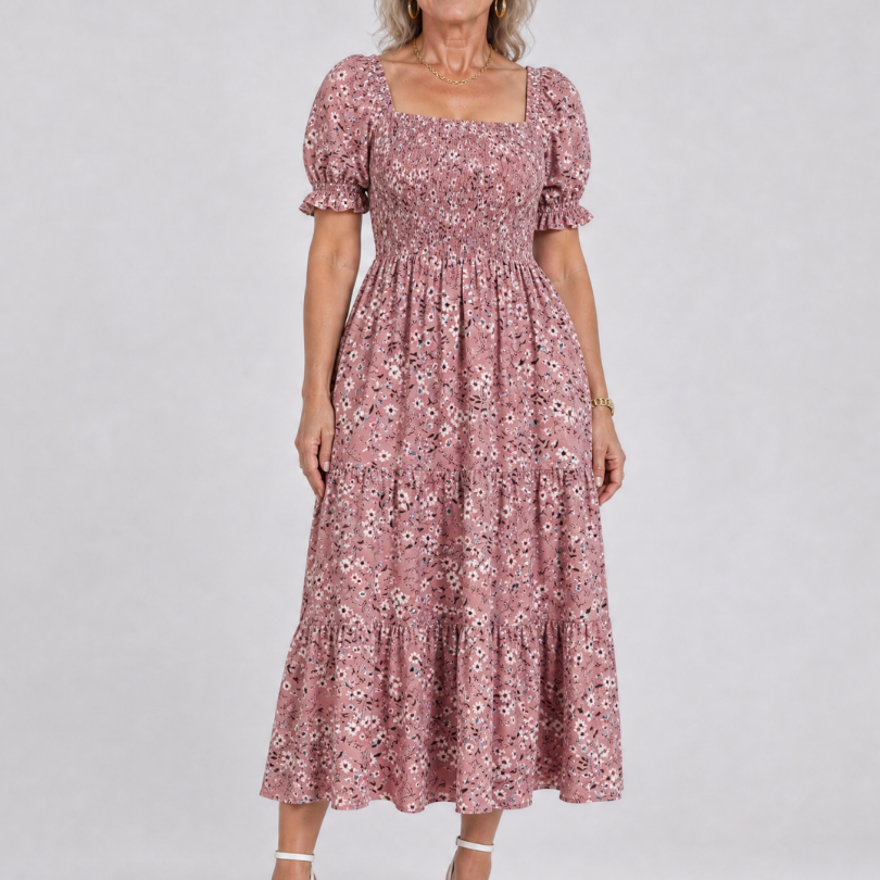 Serrina | Floral Smocked Square Neck Midi Dress