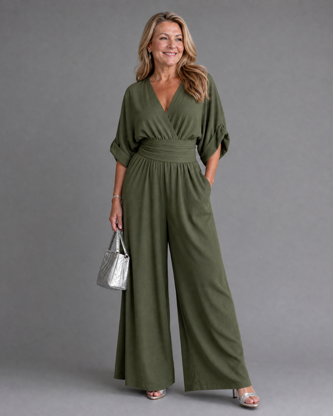 Persia | Draped V Neck Wide Leg Relaxed Jumpsuit