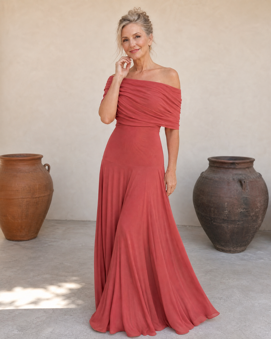 Clawynne | Off Shoulder Draped Bodice Flowing Maxi Dress