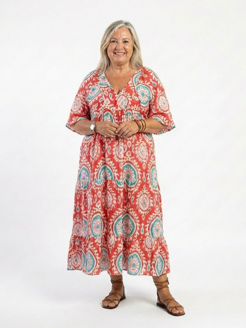 Lilasette | Paisley Print V Neck Short Sleeve Midi Dress