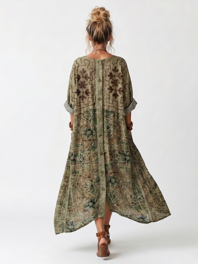 Wrennavia | Button Front Embroidered Oversized Pocket Midi Dress
