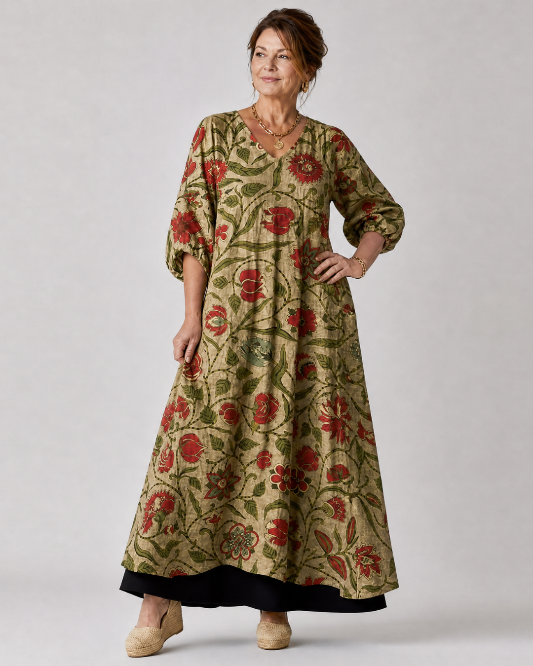 Lunwynne | Botanical Print Relaxed Three Quarter Sleeve Midi Dress