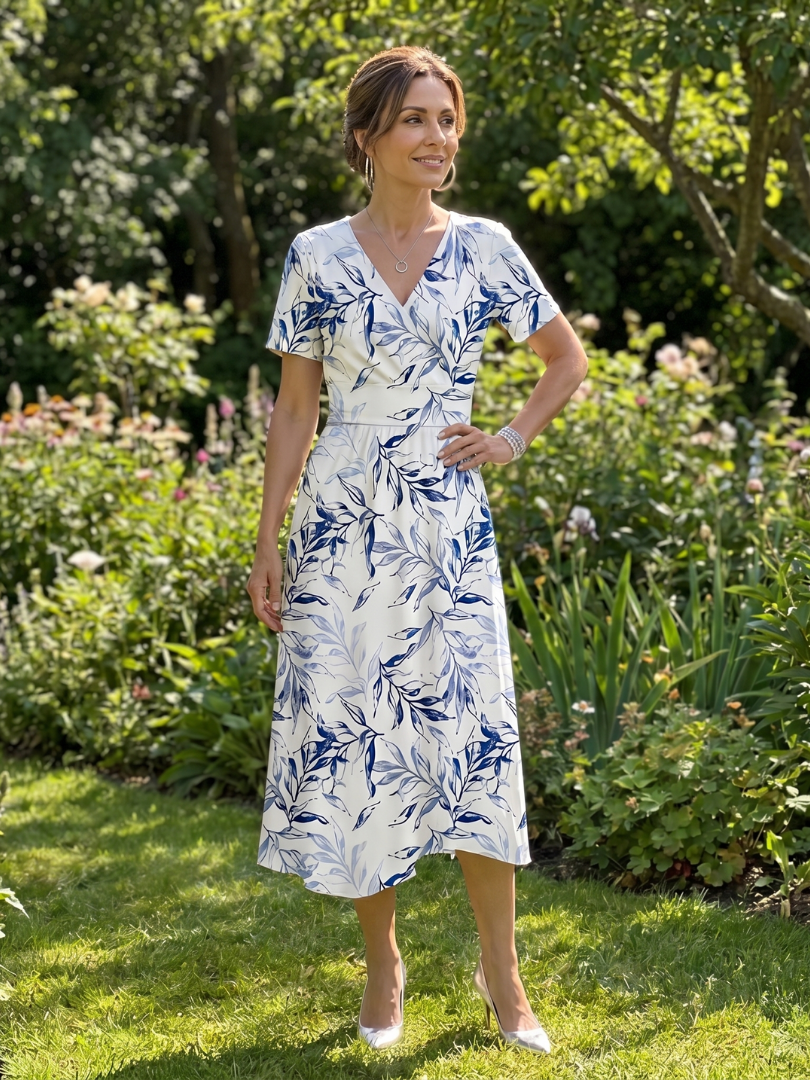 Sennamarie | V Neck Soft Botanical Print Midi Dress