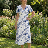Sennamarie | V Neck Soft Botanical Print Midi Dress