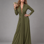 Fiondra | Draped Deep V Neck Long Sleeve Maxi Dress