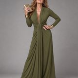 Fiondra | Draped Deep V Neck Long Sleeve Maxi Dress