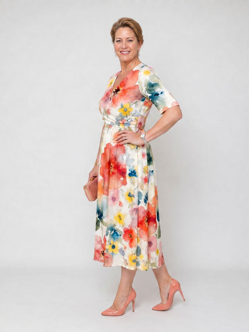 Linnlyn | Floral Print Short Sleeve V Neck Midi Dress