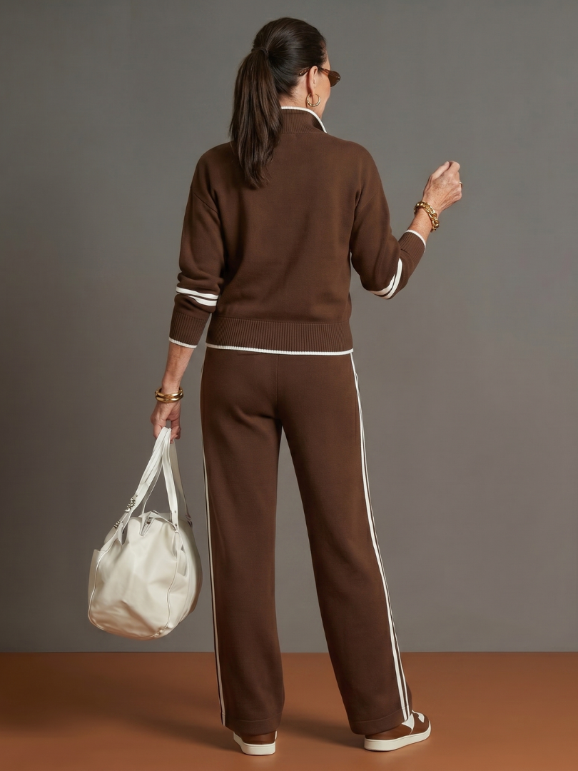 Della | Zip Neck Long Sleeve Side Stripe Leg Pants Set