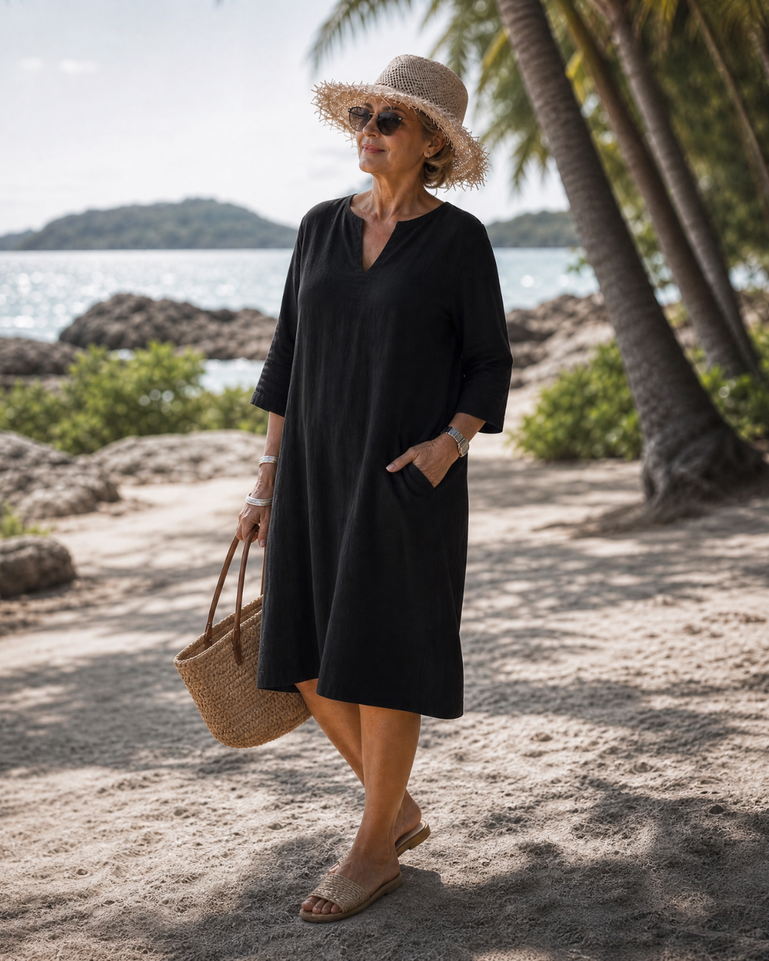 Laendra | Textured V Neck Three Quarter Sleeve Knee Length Dress