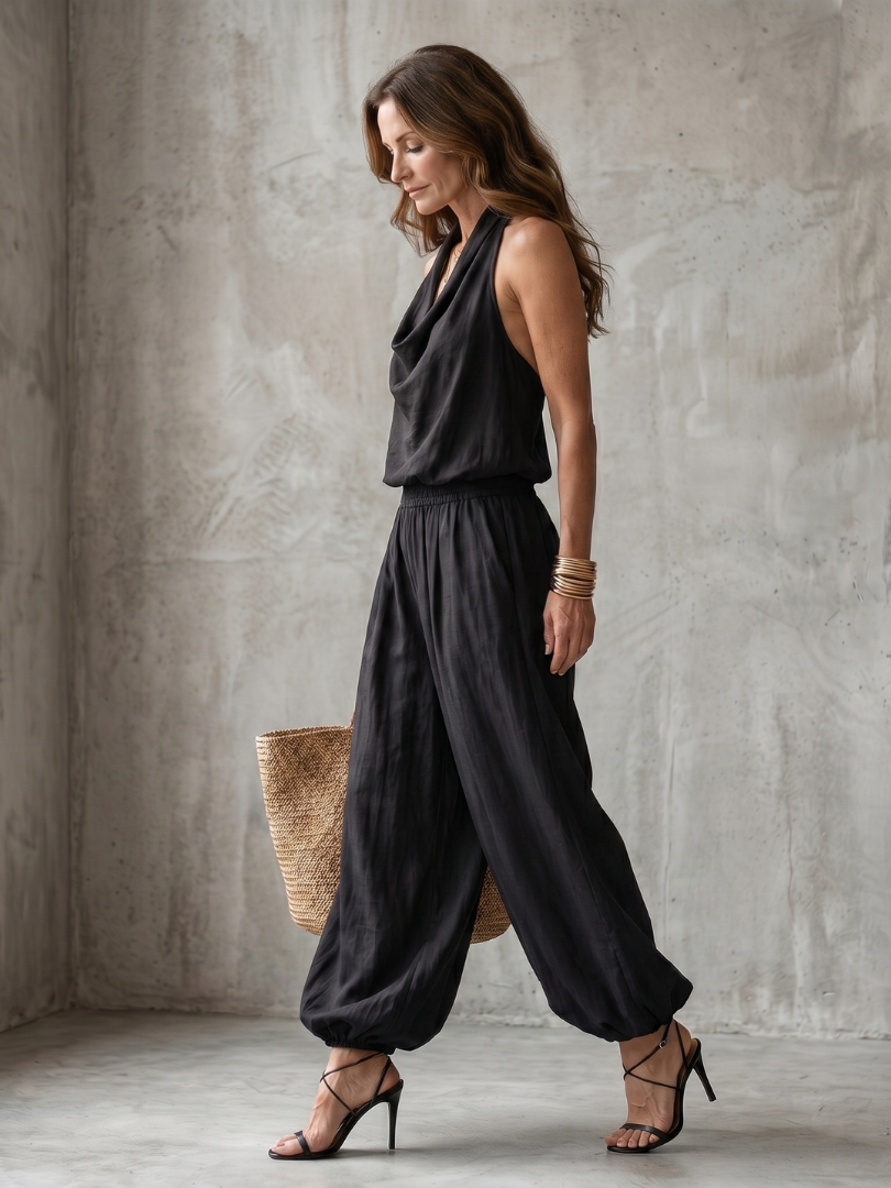 Faerin | Drape Neck Fluid Top Wide Leg Set