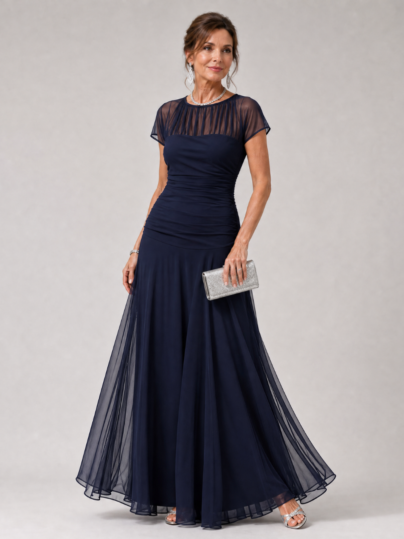 Orlalora | Mesh Yoke Ruched Maxi Dress