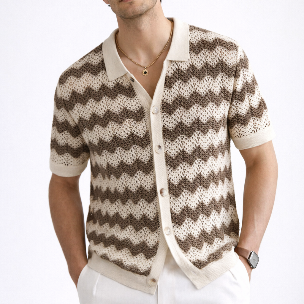 Jimmy | Men Short Sleeve Button Front Zigzag Crochet Knit Polo Shirt