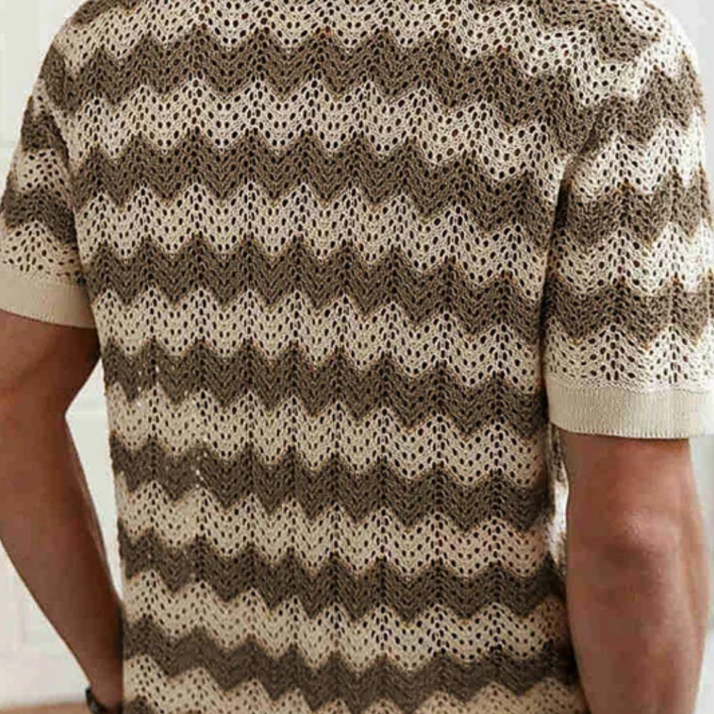 Jimmy | Men Short Sleeve Button Front Zigzag Crochet Knit Polo Shirt